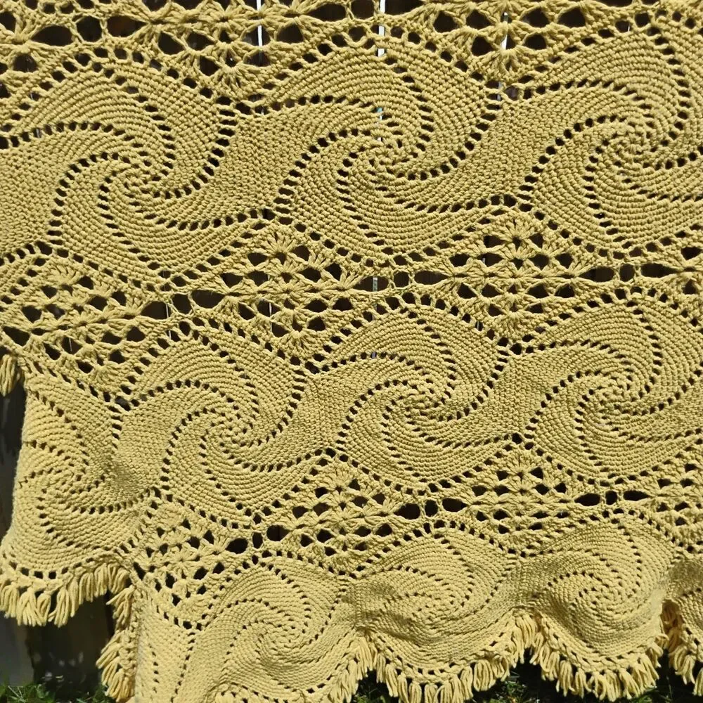 Vintage Mustard Yellow Crochet Afghan Blanket Pinwheel Starburst Fringe 112x65
